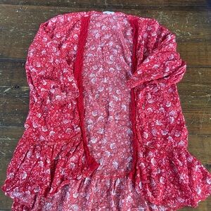 Maurices Red and White Floral Kimono